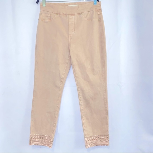 NWOT Tribal Audrey Pink Rhinestone Embellished Hem Mid Rise Ankle Jegging Size 6 - Picture 1 of 7